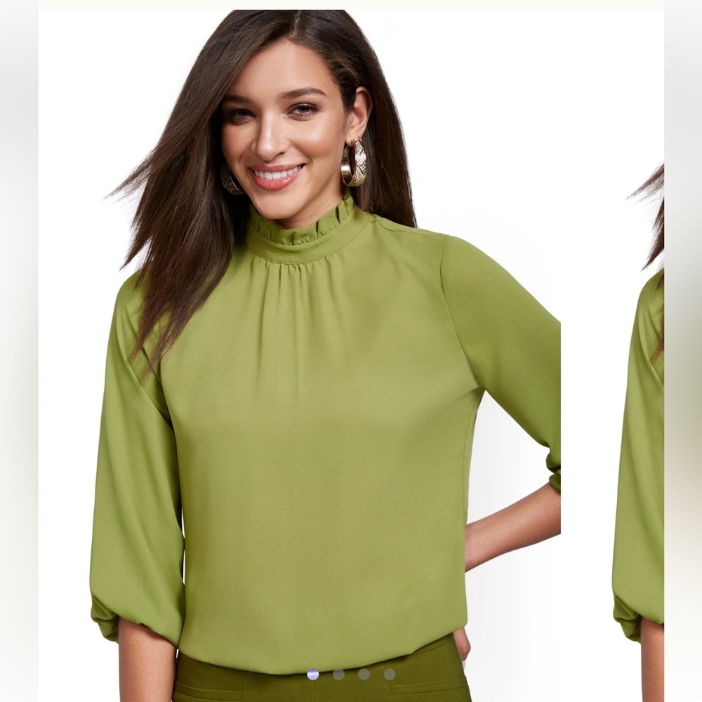 New York & Company Olive Green Ruffle neck Blouse